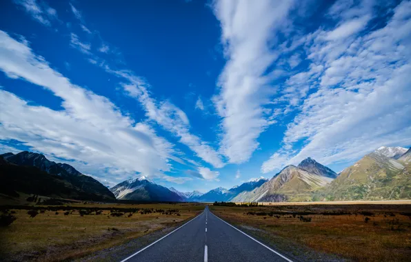 Картинка дорога, небо, облака, горы, голубое, трасса, Новая Зеландия, шоссе, синее