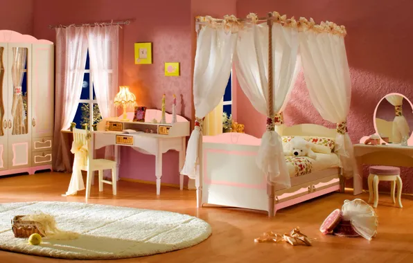 Картинка дизайн, стиль, стол, комната, игрушка, лампа, кровать, интерьер, зеркало, медведь, мишка, стул, медвежонок, спальня, балдахин, …