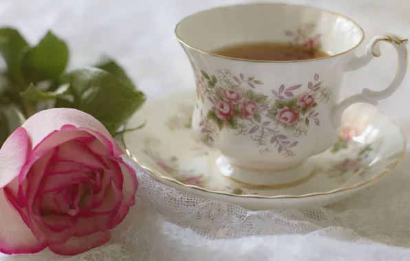 Картинка цветок, чай, роза, лепестки, бутон, чашка, натюрморт, блюдце