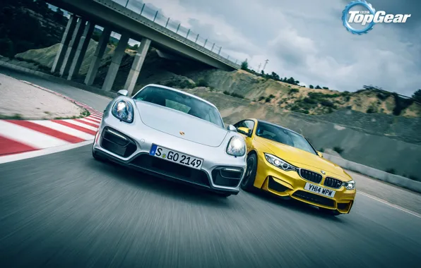 Картинка Porsche, BMW, Cayman, Top Gear, Speed, Yellow, Supercars, GTS, Silver, Track