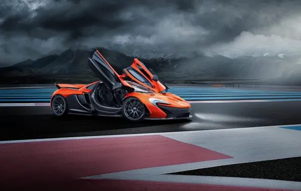 Картинка McLaren, Orange, Race, Front, Supercar, Track, Doors, Ligth, Nigth
