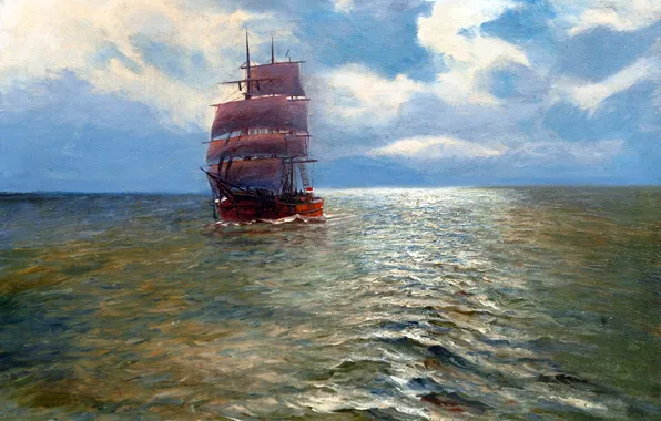 Картинка море, небо, пейзаж, корабль, картина, паруса, Alfred Jansen