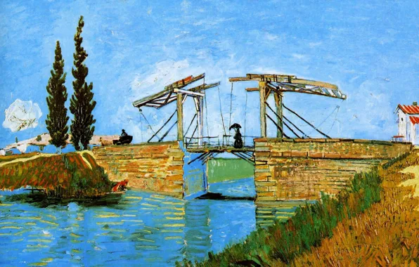 Картинка небо, девушка, деревья, мост, дома, картина, канал, Vincent Van Gogh, Langlois Bridge At Arles With …