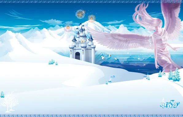 Картинка зима, горы, замок, ангел, аниме