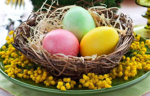 Картинка цветы, праздник, яйца, Пасха, гнездо, жёлтая, yellow, flowers, Easter, eggs, holiday, bright, nest, мимоза, mimosa