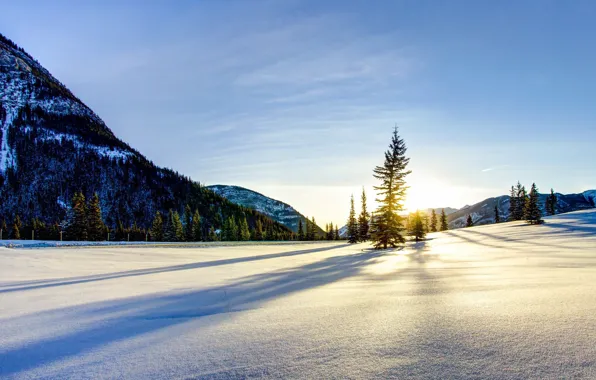 Картинка зима, снег, горы, восход