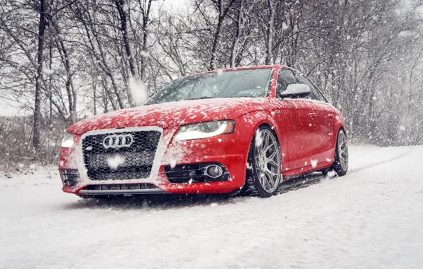 Картинка зима, снег, Audi, ауди, red, красная, winter