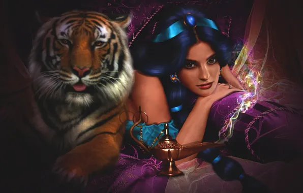 Картинка девушка, тигр, сказка, аниме, дисней, жасмин, Aladdin (Disney), аладин, Jasmine (Aladdin)