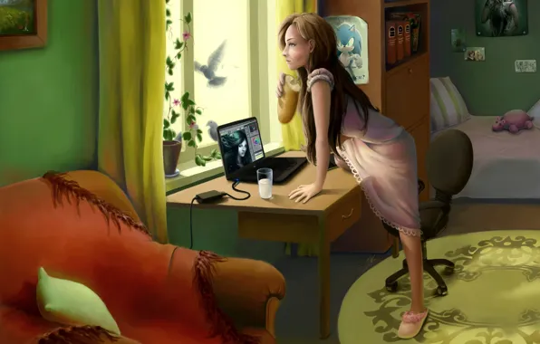 Картинка компьютер, девушка, комната, птица, интерьер, окно, арт, батон