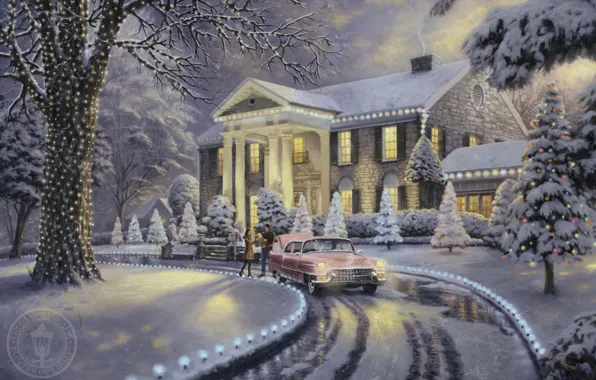 Картинка иней, car, машина, снег, lights, огни, дом, ретро, вилла, елка, красиво, подарки, живопись, Christmas, гирлянды, …