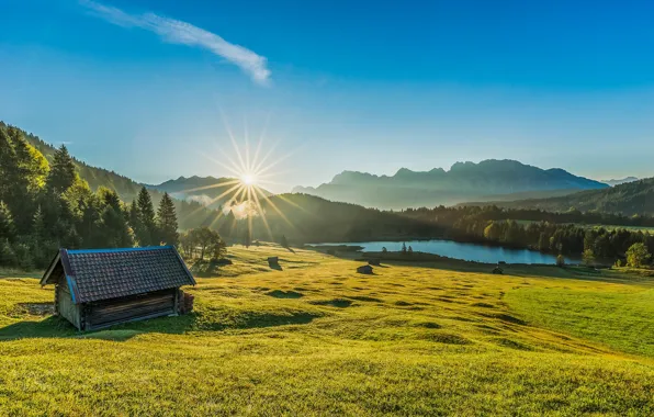 Картинка горы, озеро, восход, рассвет, утро, Германия, Бавария, луг, хижина, Germany, Bavaria, Bavarian Alps, Баварские Альпы, …