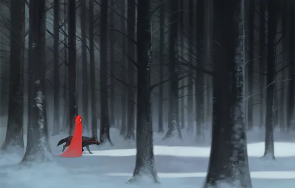 Картинка лес, девушка, снег, деревья, волк, арт, плащ