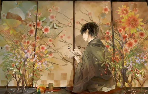 Картинка цветы, птицы, аниме, иероглифы, парень, кимоно, закладка, терадь