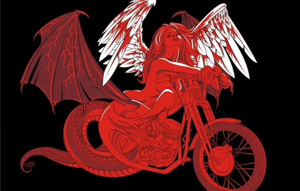 Картинка девушка, крылья, вектор, мотоцикл