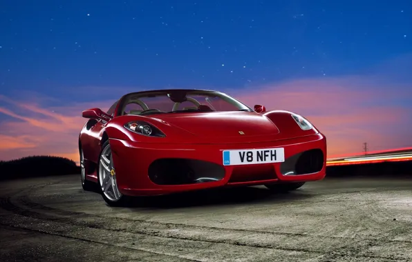 Картинка F430, Ferrari, Red, Sky, Stars, Sunset, Scuderia, Spider, Supercar