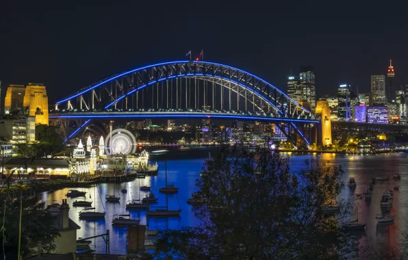 Картинка ночь, мост, огни, река, Австралия, Сидней, набережная