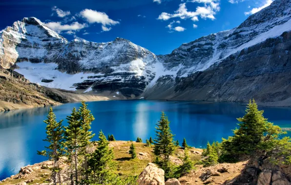 Картинка небо, солнце, облака, деревья, горы, озеро, камни, скалы, голубое, ледник, Канада, Yoho National Park