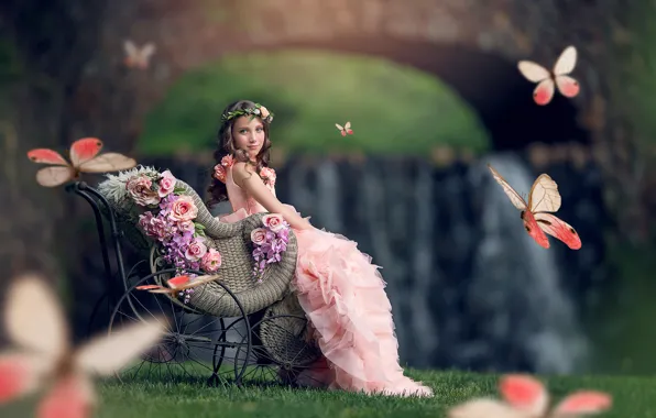 Картинка бабочки, цветы, платье, девочка, коляска