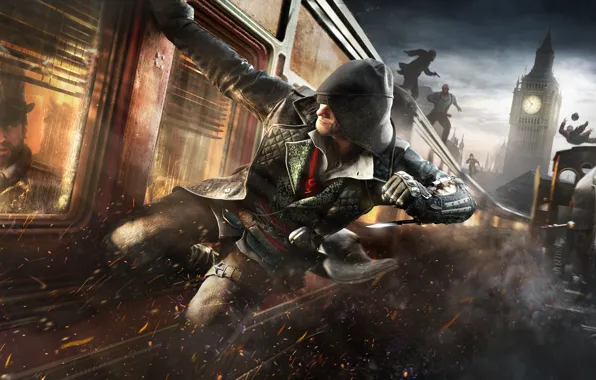 Картинка небо, поезд, скорость, капюшон, нападение, плащ, клинок, убийцы, ассасины, Assassin's Creed: Syndicate
