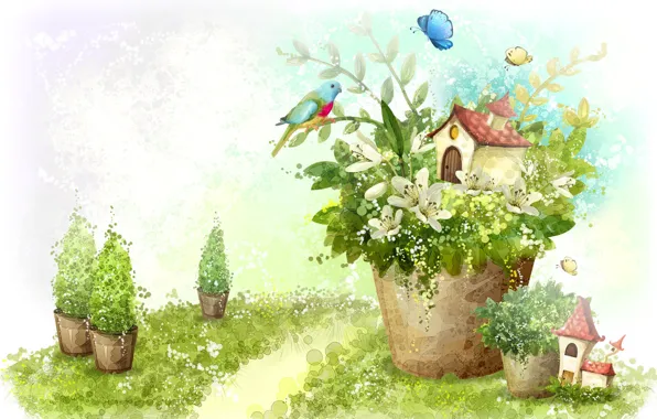 Картинка бабочки, цветы, дом, птица, рисунок, лилии, растения, попугай, горшок, хижина