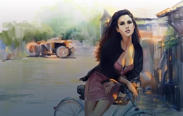 Картинка взгляд, велосипед, улица, арт, нарисованная девушка