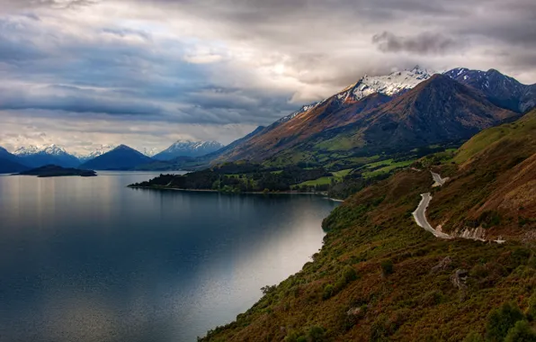 Картинка дорога, снег, деревья, пейзаж, горы, природа, озеро, остров, Новая Зеландия, New Zealand