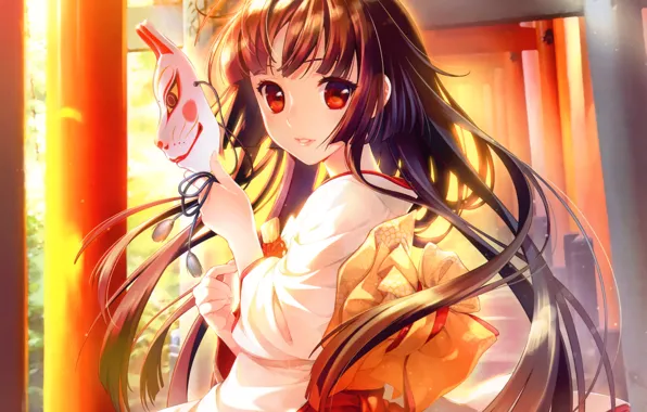 Картинка девушка, солнце, аниме, маска, арт, кимоно, бант, shirahane nao