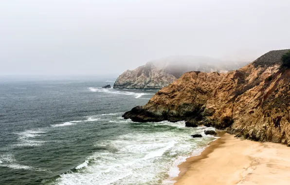 Картинка песок, пляж, вода, туман, океан, побережье, гора, Калифорния, USA, США, beach, ocean, coast, water, California, …