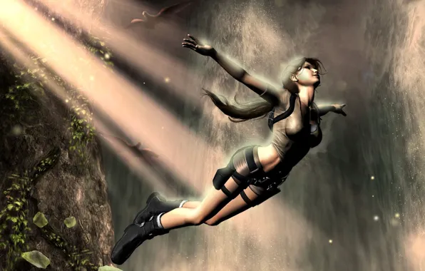 Картинка девушка, птицы, скала, фантастика, прыжок, водопад, Tomb Raider, Лара Крофт