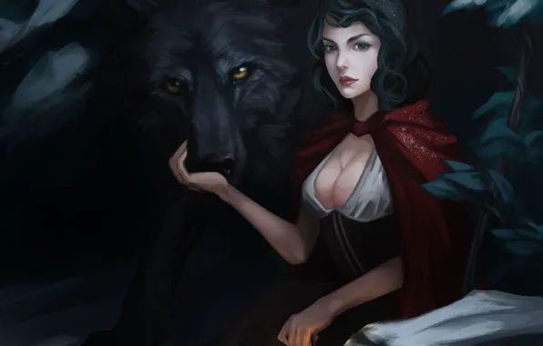 Картинка девушка, волк, красная шапочка, арт, фонарь, плащ, Red Riding Hood, Marilyn Zhuang