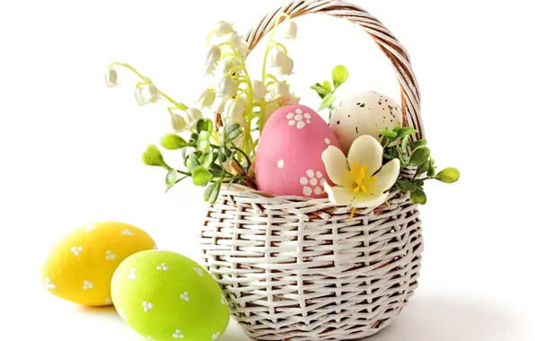 Картинка цветы, яйца, весна, пасха, пастель, flowers, spring, eggs, easter, delicate, basket, pastel