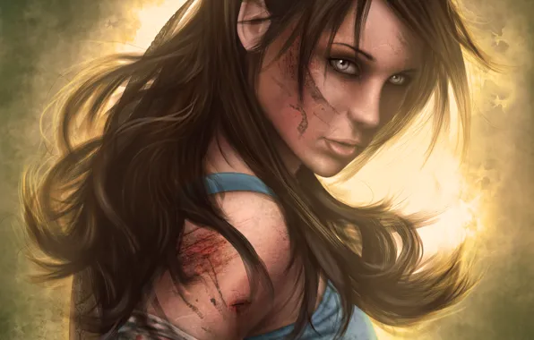 Картинка взгляд, лицо, кровь, волосы, игра, грязь, повязка, Tomb Raider, lara croft, лара крофт, 2013