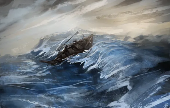 Картинка море, волны, обломки, шторм, лодка, рисунок