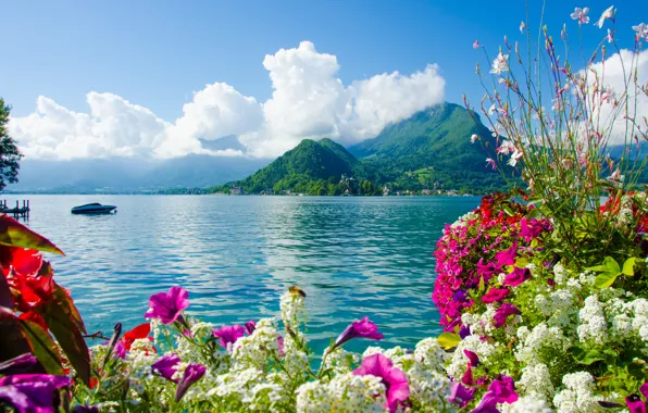 Картинка море, небо, облака, цветы, горы, природа, лодка