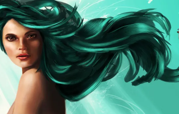 Картинка взгляд, вода, девушка, рыбки, лицо, океан, русалка, арт, плечи, зеленые волосы
