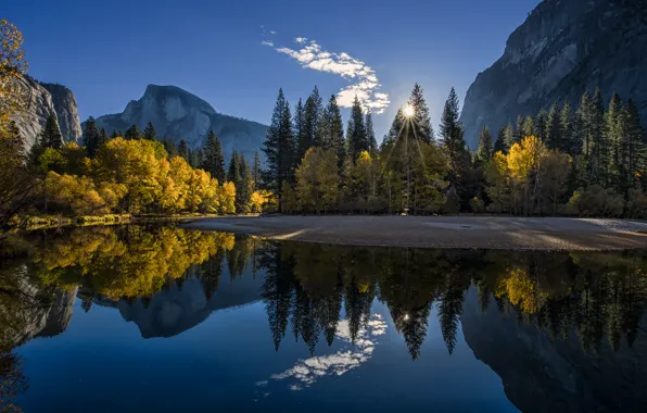 Картинка осень, лес, горы, озеро, восход, утро, Калифорния, Йосемити, Национальный парк