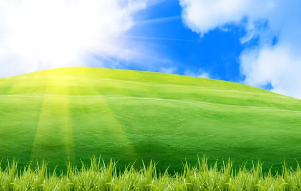 Картинка зелень, лето, небо, трава, солнце, лучи, свет, природа, настроение, рассвет, холмы, пейзажи, позитив, весна, утро, …