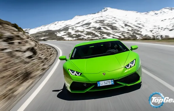 Картинка Lamborghini, Top Gear, Green, Front, Supercar, Huracan, LP610-4, Mountain Road