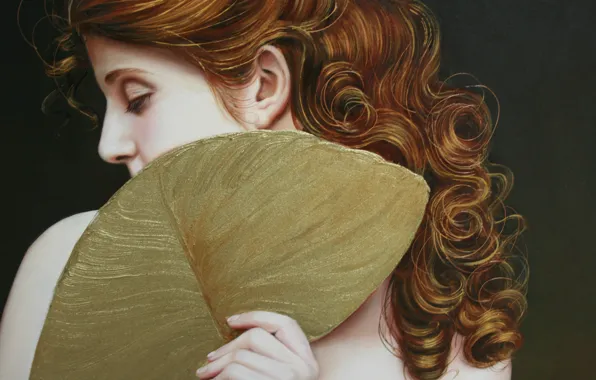 Картинка девушка, лицо, волосы, рука, веер, арт, профиль, рыжая, кудри, зеленый фон, Christiane Vleugels
