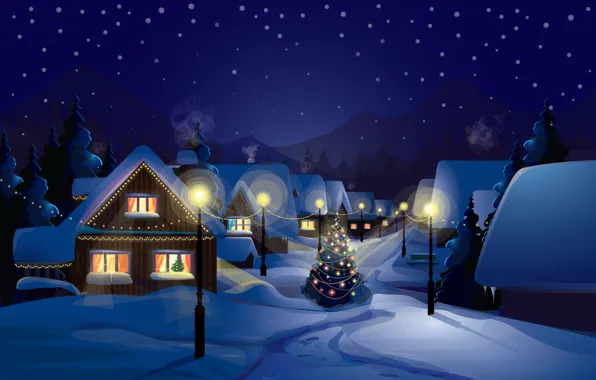 Картинка снег, украшения, city, город, lights, огни, vector, графика, елка, новый год, дома, вектор, new year, …