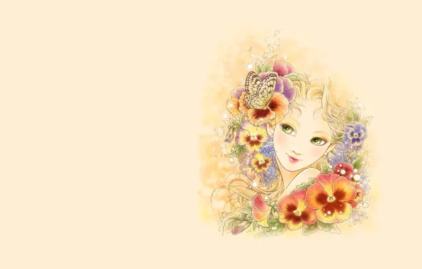 Картинка девушка, цветы, настроение, бабочка, минимализм, арт
