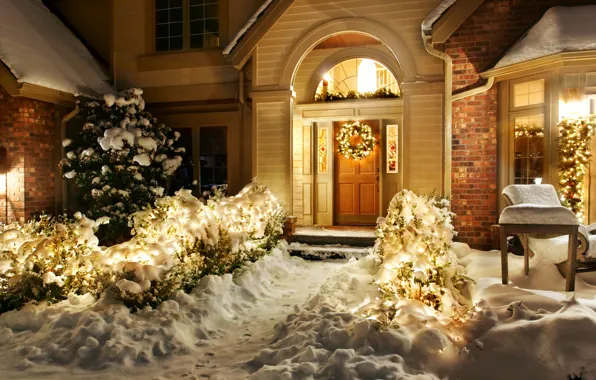Картинка зима, снег, ночь, природа, lights, огни, дом, праздник, окна, windows, украшение, house, архитектура, Happy New …