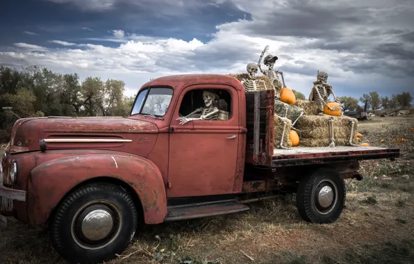 Картинка Ford, Форд, грузовик, тыквы, Halloween, Хэллоуин, скелеты, Ghost riders