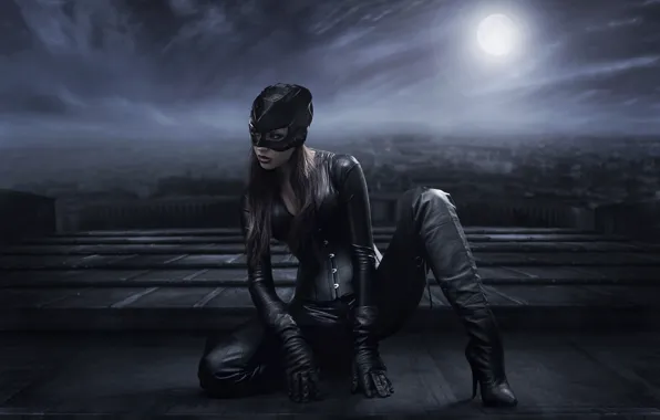 Картинка девушка, поза, сапоги, маска, костюм, женщина-кошка, Catwoman, взгляд. ресницы