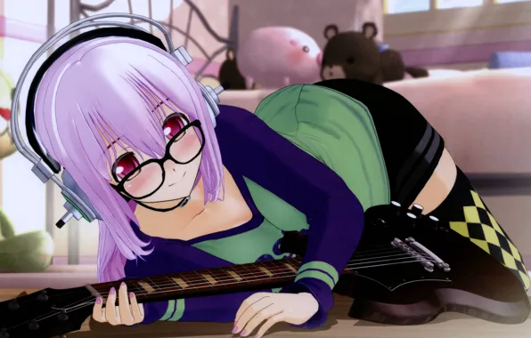 Картинка гитара, наушники, очки, розовые волосы, Soniko