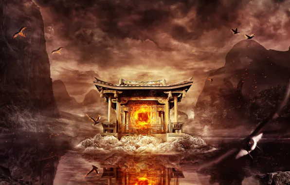 Картинка небо, вода, деревья, птицы, отражение, огонь, искры, храм, эмблема, desktopography, цапля