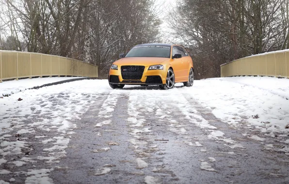 Картинка дорога, снег, Audi, автомобиль, вид спереди, Spirtback, Schwabenfolia, RS3, Gold Orange