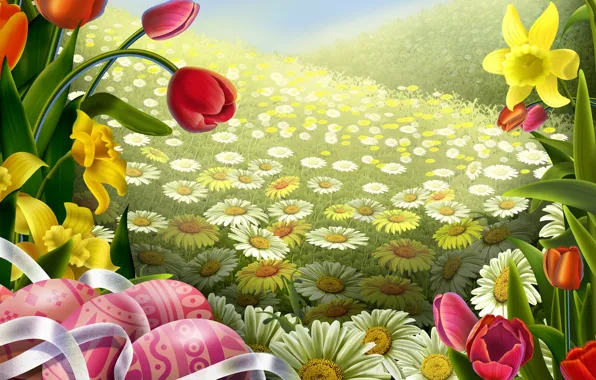 Картинка поле, цветы, тюльпан, ромашка, арт, пасха, лента