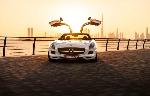 Картинка Mercedes-Benz, спорткар, набережная, sports car, Mercedes-Benz SLS AMG