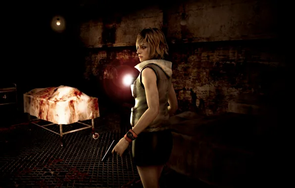 Картинка темнота, пистолет, мрак, фонарь, fan art, Heather Mason, Konami, survival horror, silent hill 3